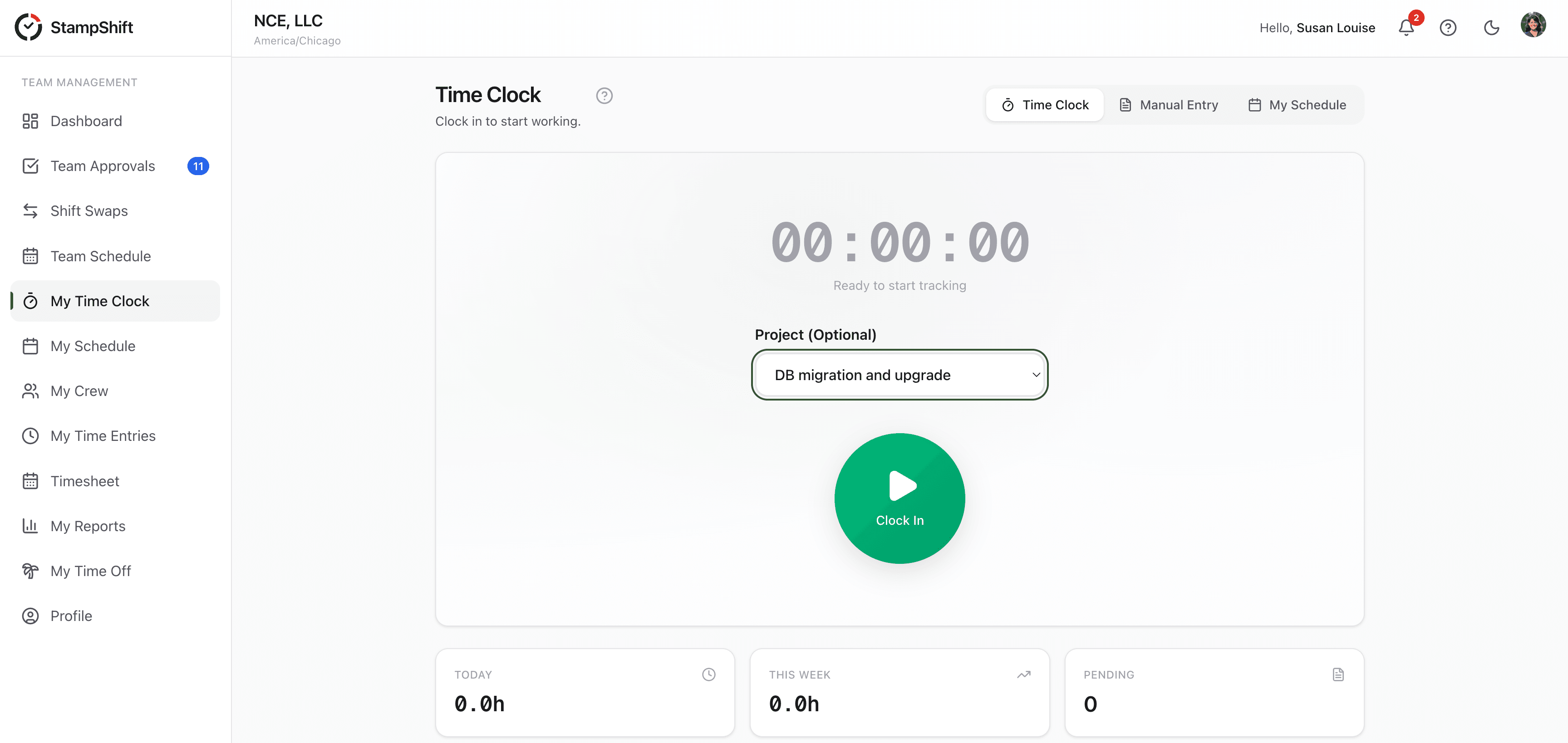 One-Tap Time Clock desktop view — StampShift screenshot
