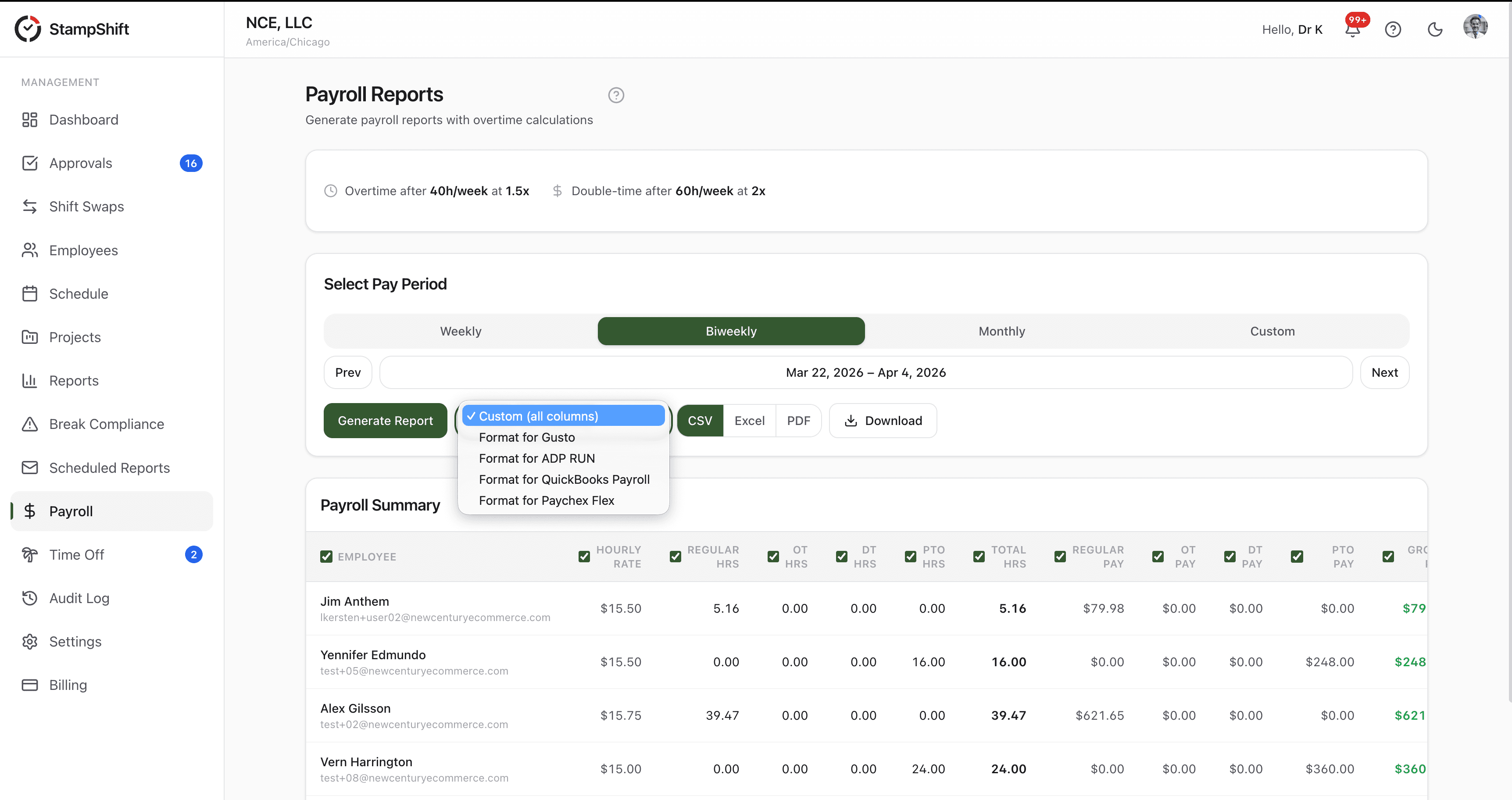 Payroll Reports — StampShift screenshot