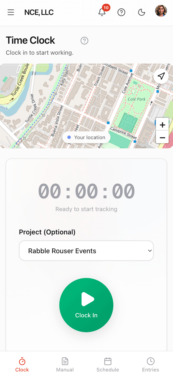 One-Tap Time Clock mobile view — StampShift screenshot