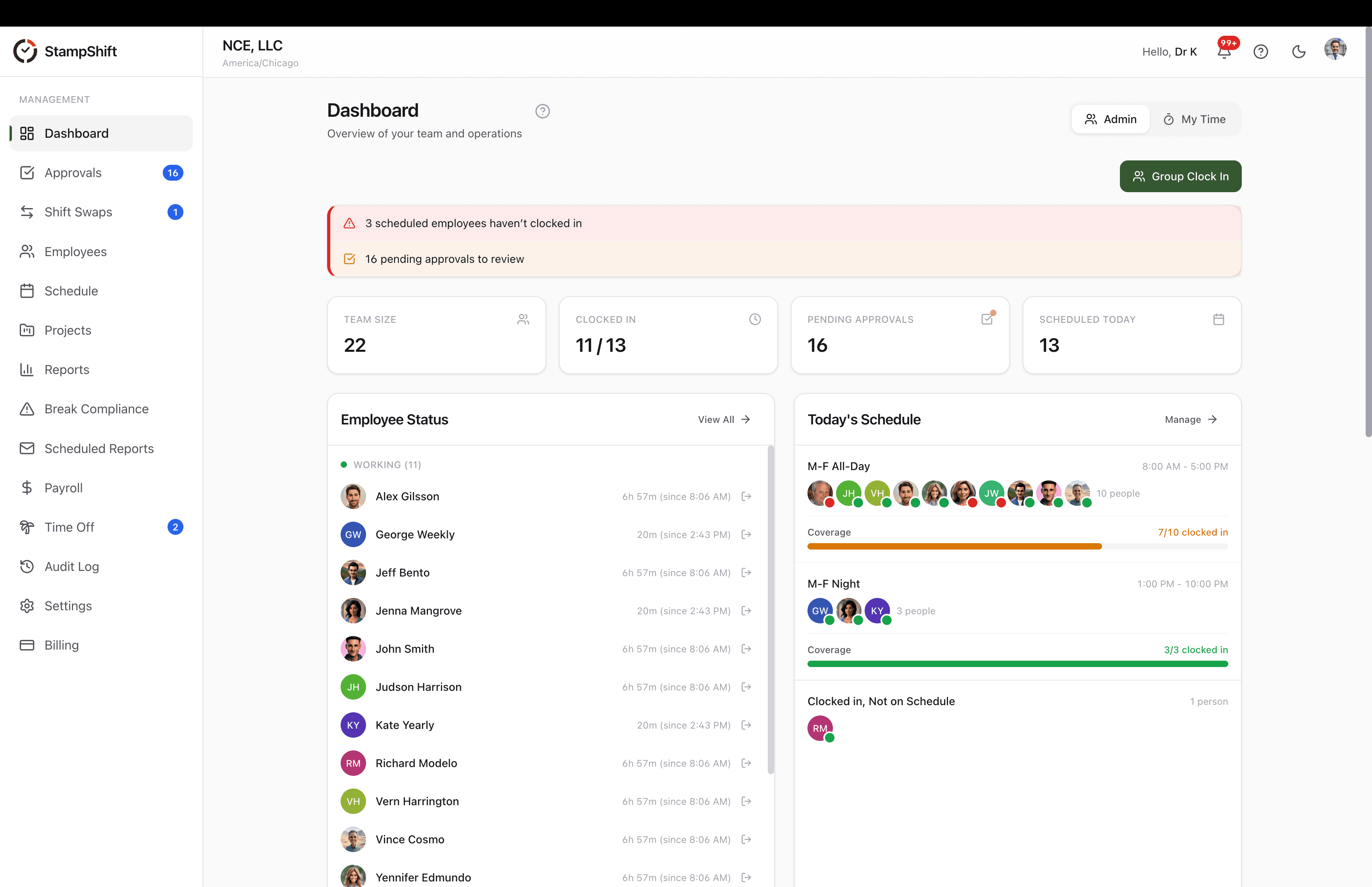StampShift admin dashboard showing employee status, schedule coverage, and pending approvals